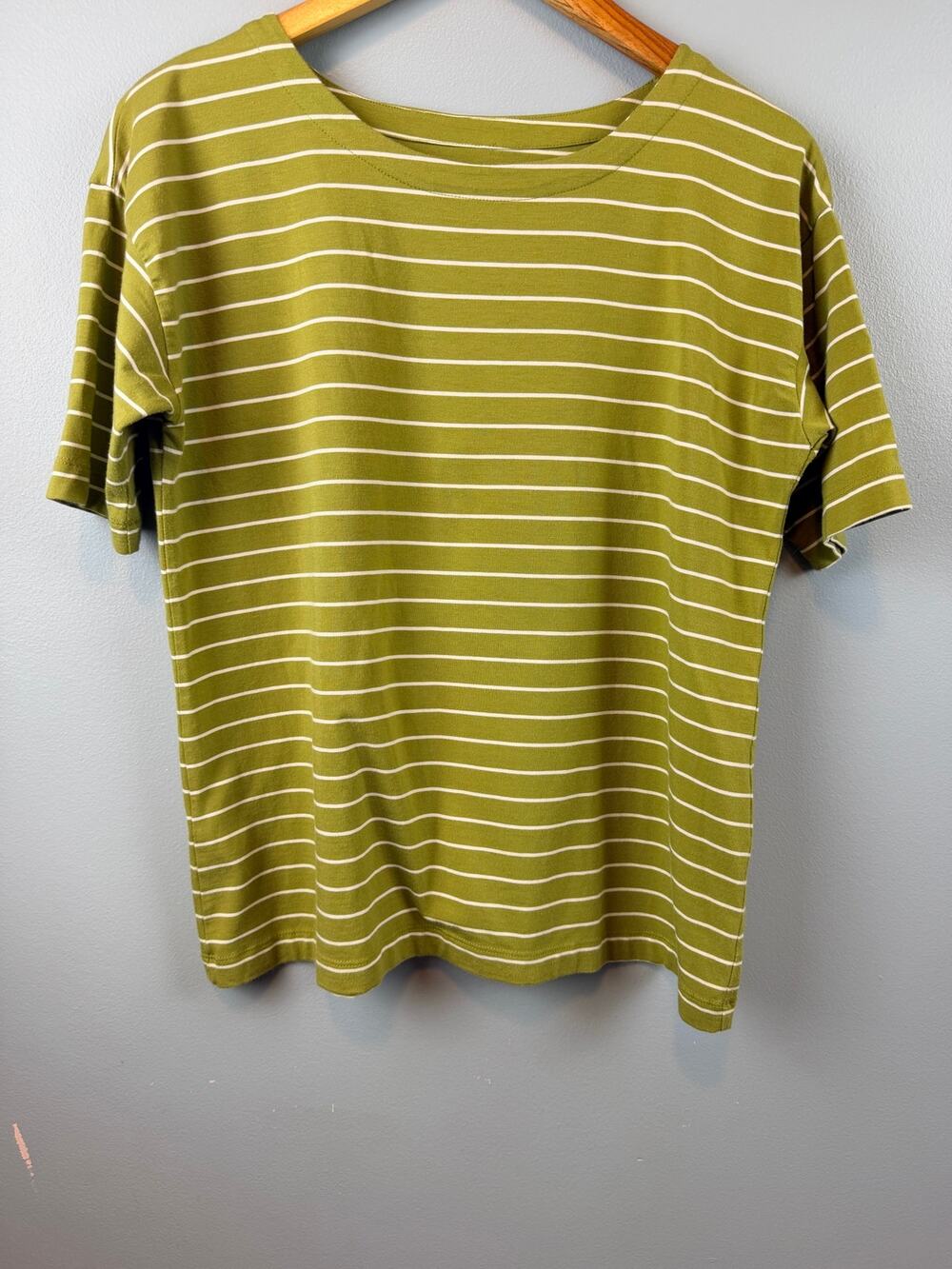 J.Jill Luxe Supima Cotton Elbow Sleeve Tee Chartruese Green Stripe Small